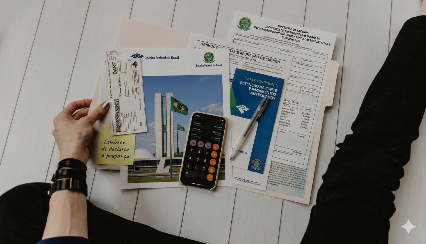 Mesa de trabalho com documentos e calculadora tributária